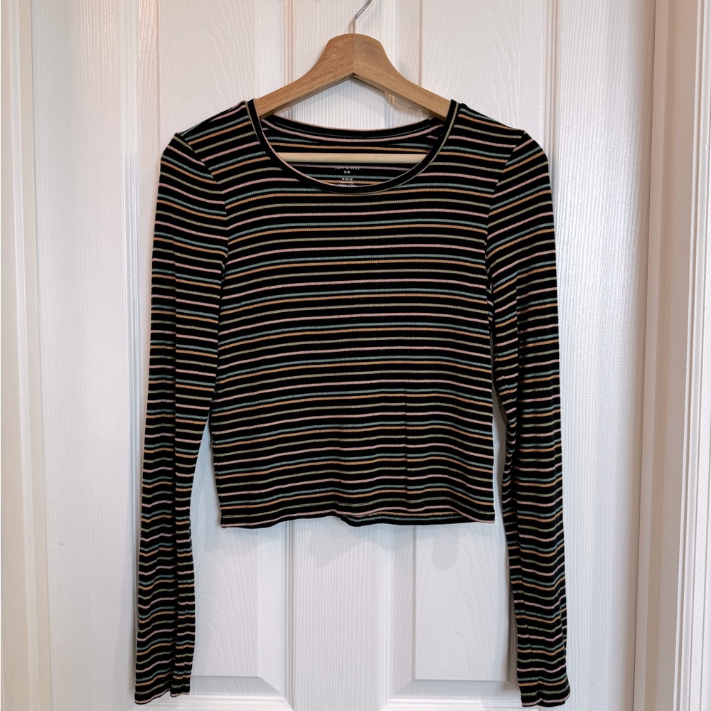 American Eagle Long Sleeve Soft and Sexy Ribbed Tee Black with Stripes size M